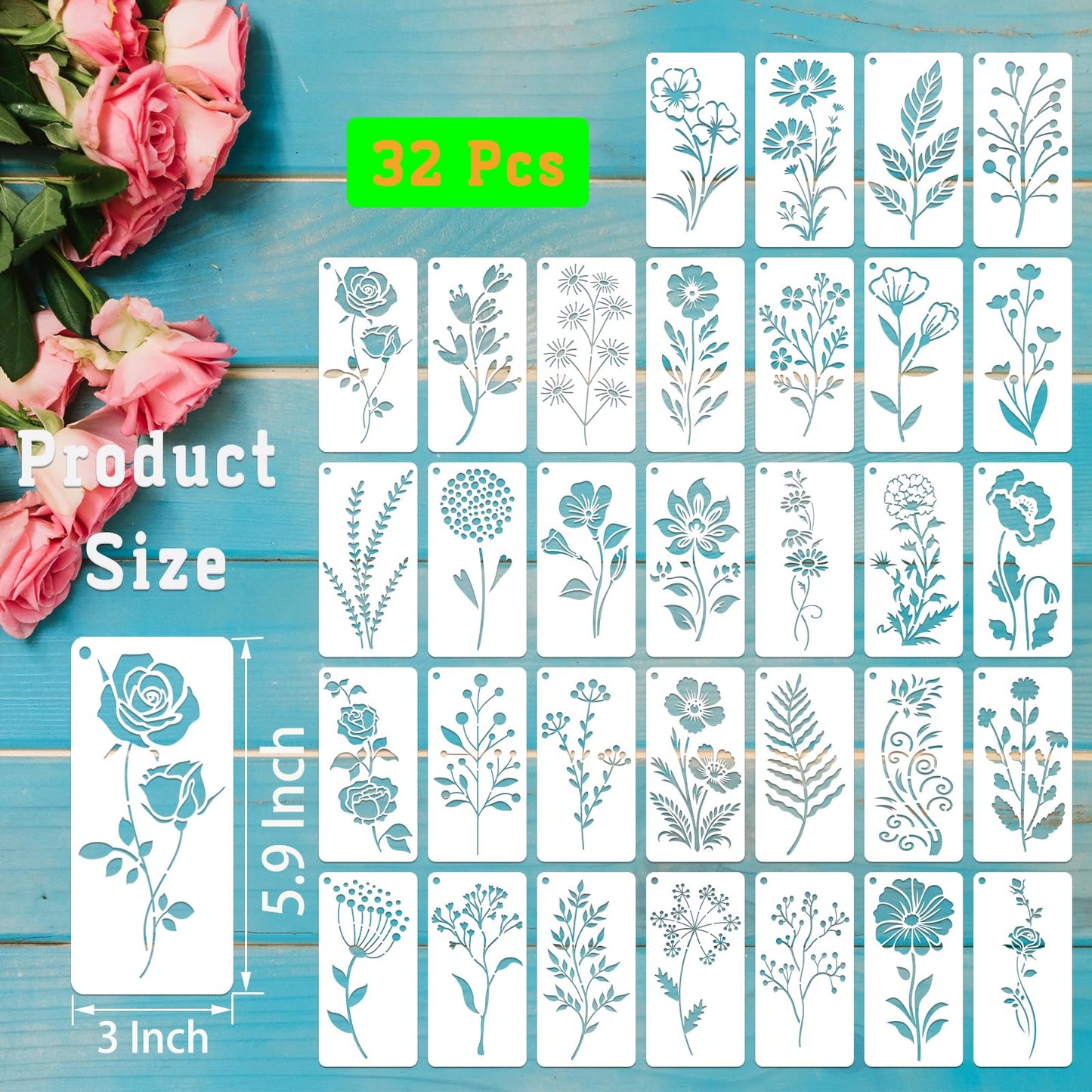 DZXCYZ 32 Pcs Wildflower Stencils for Painting on Wood, Reusable Flower Leaf Stencils Plastic DIY Craft Drawing Templates Set for Wall Paper Canvas Home Decor