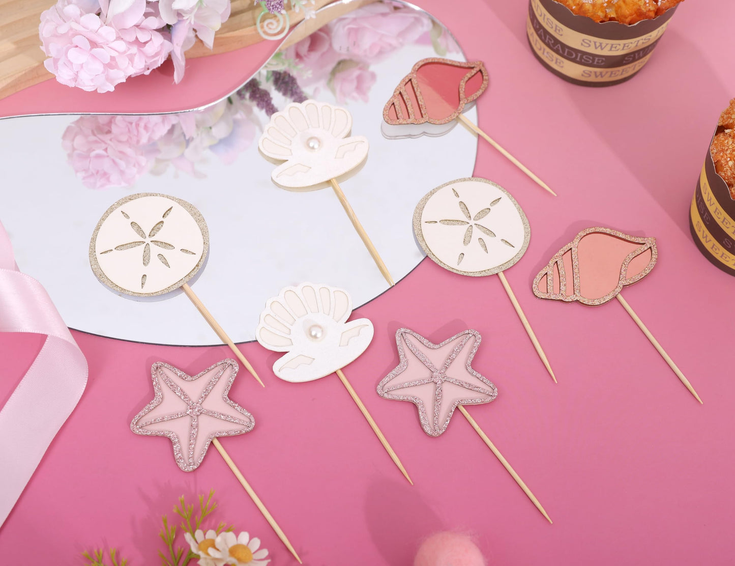 Mermaid Sea Shell Theme Cupcake Toppers - Oneder the Sea Birthday Decorations, 12 PCS Neutral Boho Ocean Beach Cupcake Topper, Under the Sea Party Decor, Mermaid Baby Shower Decoration