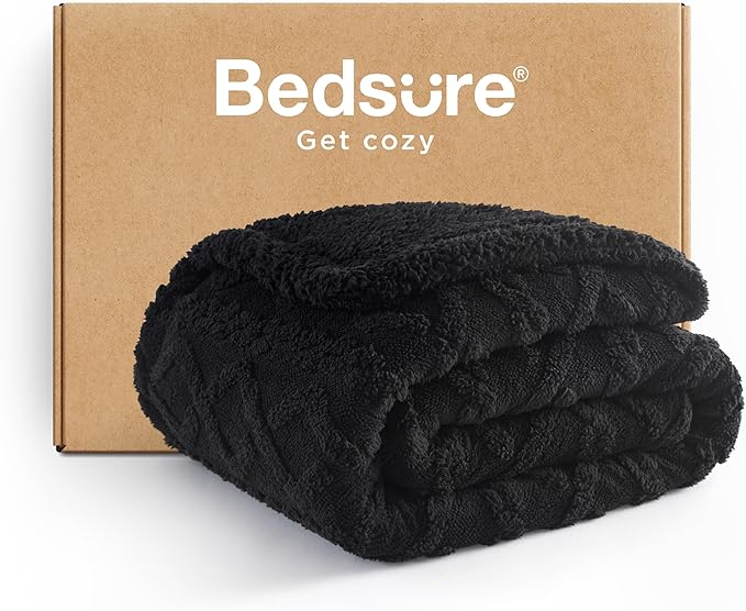 Bedsure Sherpa Fleece Blanket Twin Size for Bed - GentleSoft Fluffy & Cozy Cable Jacquard Tufted for Women Gift, Thick and Warm Blankets for Winter, Black, 60x80 Inches