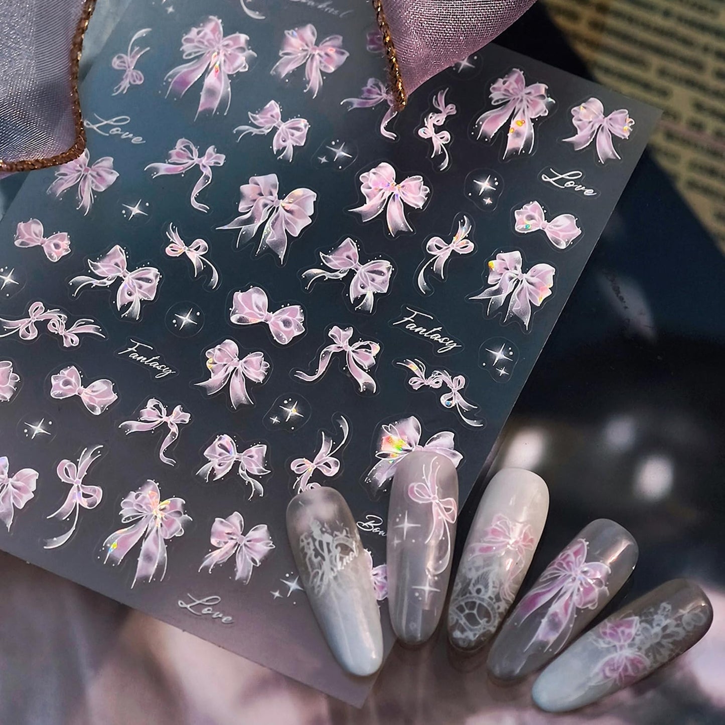 Shell Light Pink Bow Nail Art Stickers Cute Bow Nails Stickers 3D Self-Adhesive Glitter Pink Ribbon Bowknot Nail Decals for Women Girls Nail Art Decorations Accessories Cardboard Set