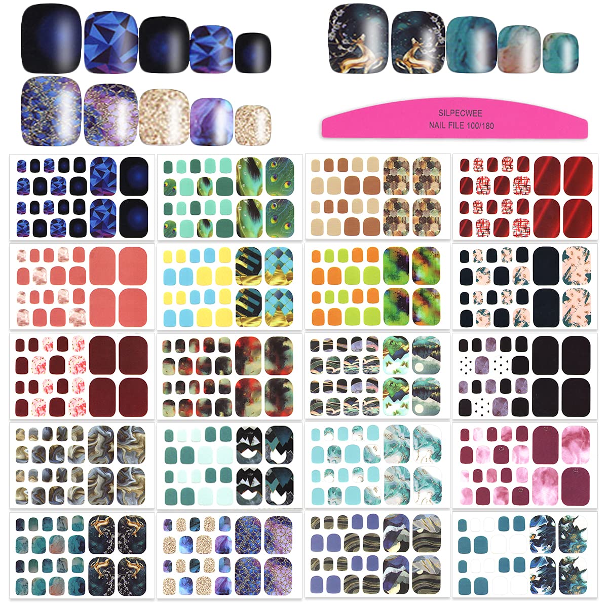 SILPECWEE 440 Tips 20 Sheets Toe Nail Wraps for Women Toes Gel Nail Stickers Marbling Print Self-Adhesive Toenail Polish Strips Gel Sticker Nails Manicure Kit with File