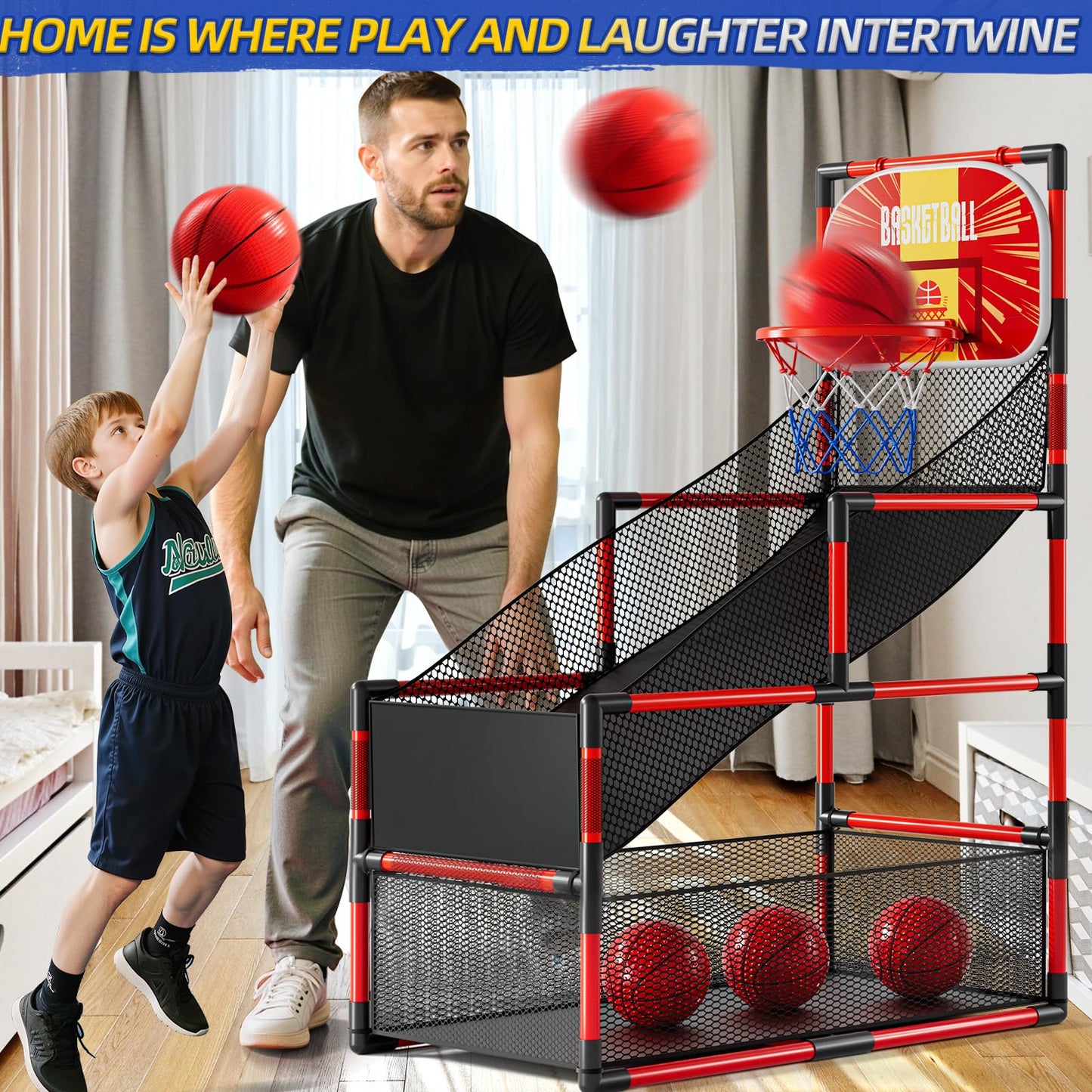 KIZONLY Arcade Basketball Game Indoor, Kids Ajustable Basketball Hoop, Outdoor Carnival Sports Play Toy with 4 Balls and Air Pump, Educational Birthday Gift for Boys Girls 3 4 5 6 7 8 Year Old (Red)