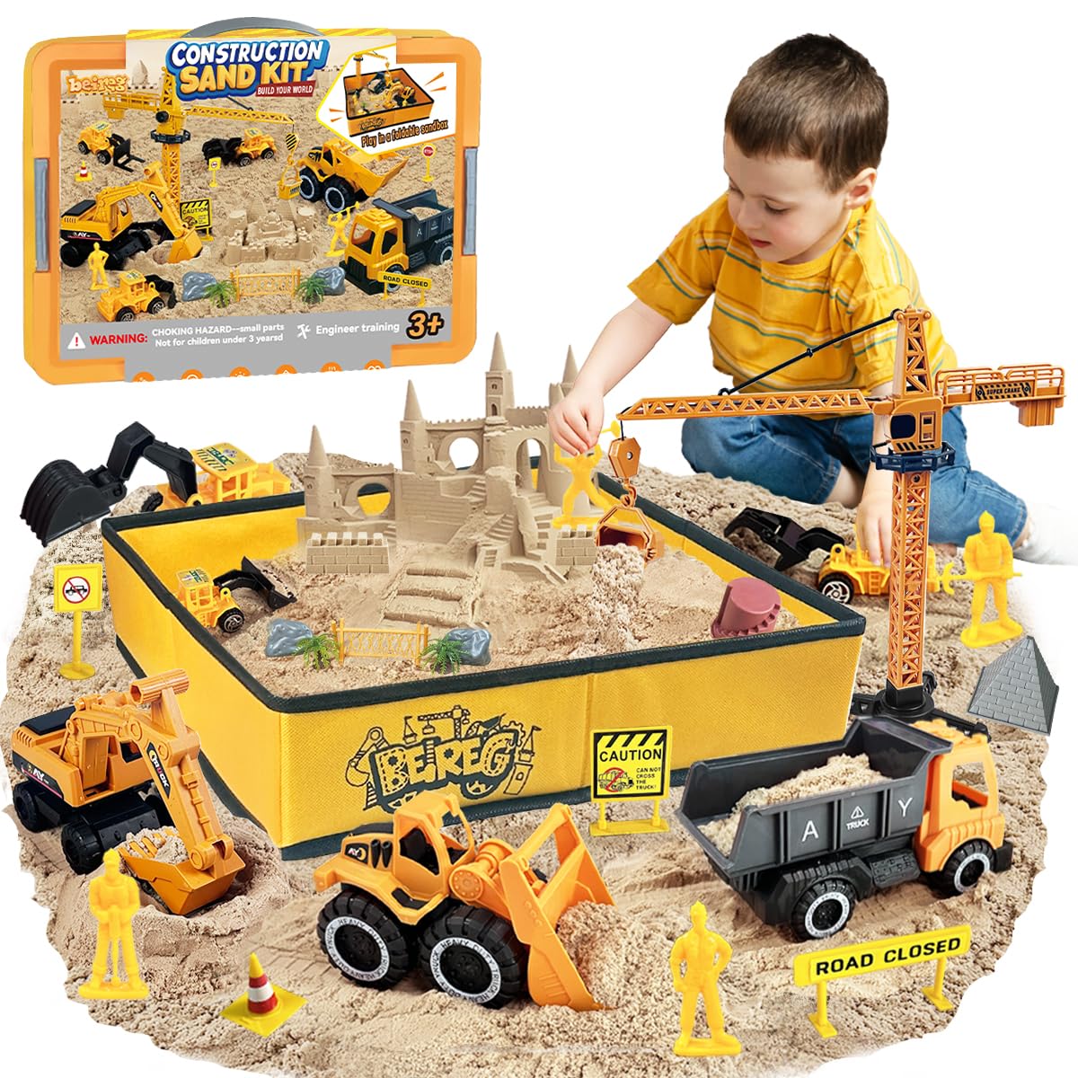 BEIREG Construction Sensory Sand Kit - 42 PCS Building Set with 2lbs Magic Sand, 9 Construction Trucks, Foldable Roof Sandbox, Cranes, Road Signs & Tools | STEM Gift for Boys Ages 3-8