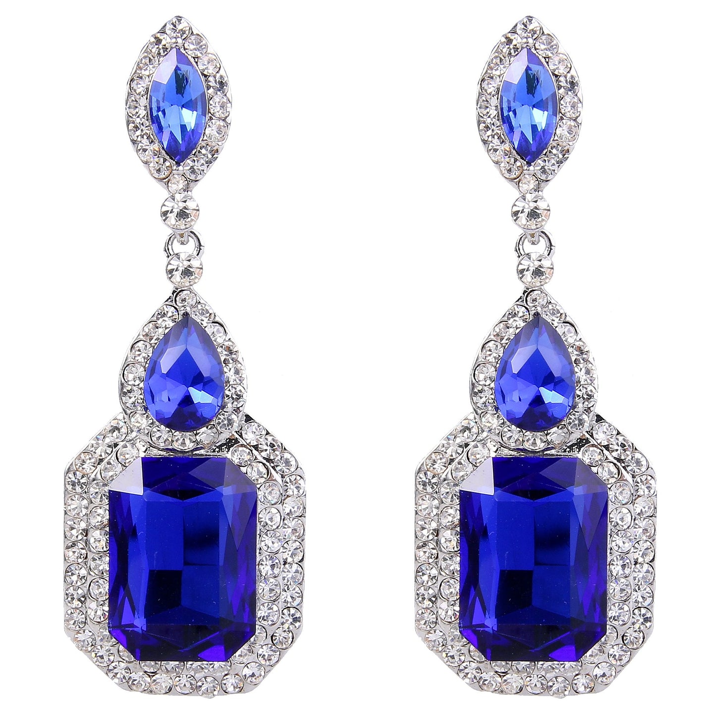 BriLove Women's Wedding Bridal Dangle Earrings Emerald Cut Crystal Infinity Figure 8 Chandelier Jewelry Royal Blue Sapphire Color Silver-Tone