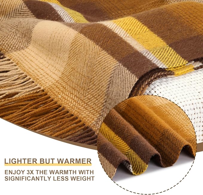 Throw Blanket Plaid with Carry Bag | Soft Wool Travel Blanket 55"x83" 2lbs | Camel Champagne Plaid Decorative Throw for Couch, Camping & Gift