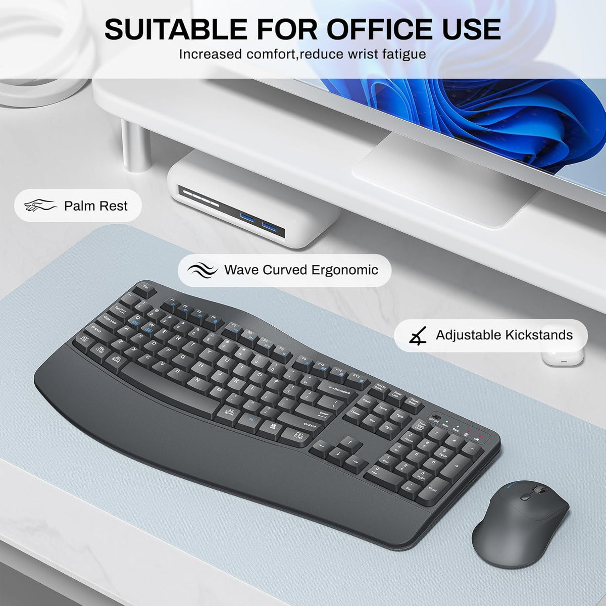Wireless Keyboard and Mouse Combo,2.4G Full Size Wave Keys Ergonomic Keyboard with Wrist Rest for Natural Typing, 3 DPI Adjustable Ergonomic Silent Mouse for Computer/Laptop/Windows/Mac (Grey)