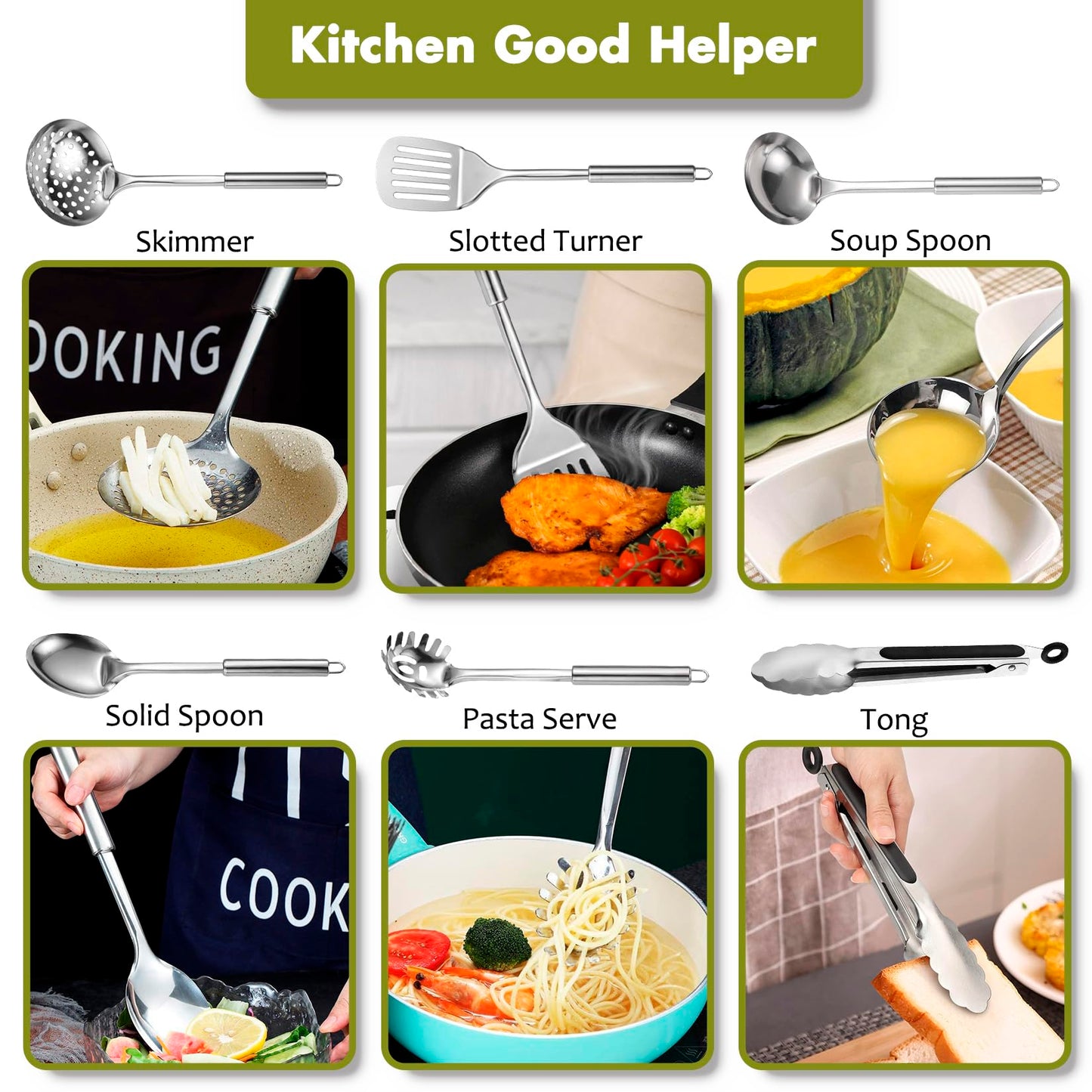 Stainless Steel Kitchen Utensils Set - 12pcs Cooking Utensils Set with Holder, Heat Resistant Kitchen Tool Set for Cooking with Turners, Potato Masher, Spatula, Spoons, Tongs, Whisk
