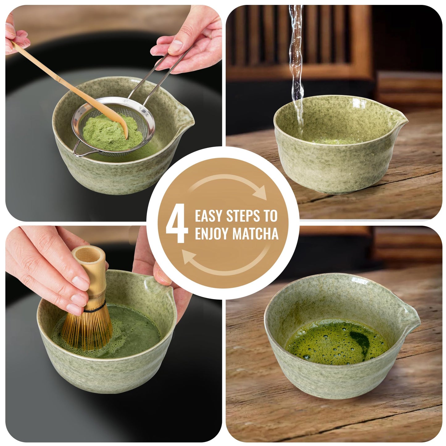 Matcha Whisk Set, Matcha Making Kit Whisk (Chasen Holder), Ceramic Whisk Holder (Light Green), Bamboo Scoop, Powder Starter Sifter, Spoon Japanese Tea Tools For Ceremony Gift