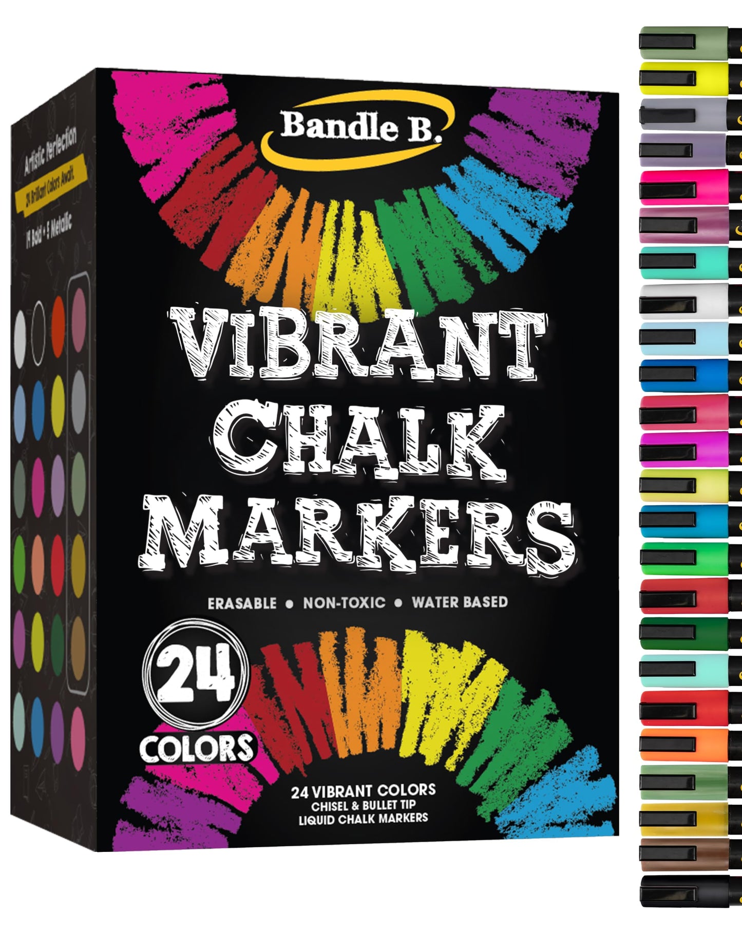 Bandle B. Chalk Markers - 24 Vibrant, Erasable, Non-Toxic, Water-Based, Reversible Tips. For Glass or Chalkboard Markers for Businesses, Restaurants, Liquid Drawing Chalk (Vibrant 6mm)