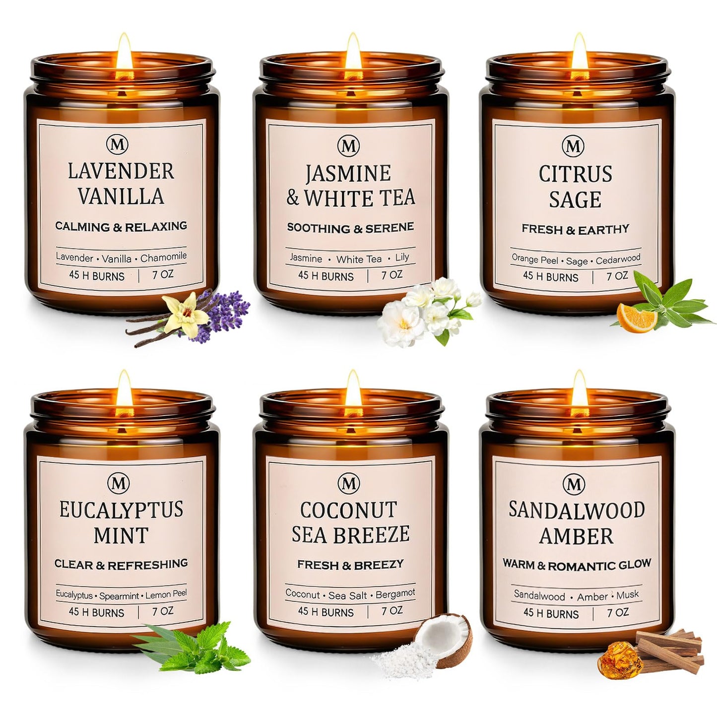6-Pack Scented Soy Candle Set – Lavender Vanilla, Eucalyptus, Sandalwood, Jasmine & White Tea, Coconut, Sage | Natural Long Lasting Aromatherapy Candles for Home, Relaxation & Birthday Gifts