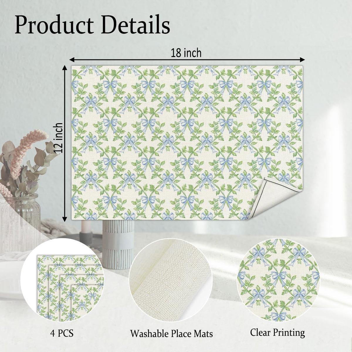 Green Leaf Placemats Set of 4, Blue Bow Table Mat for Home Kitchen, Restaurants, Outdoor Linen Washable Place Mats 12x18 inch Party Event Dining Decoration-01