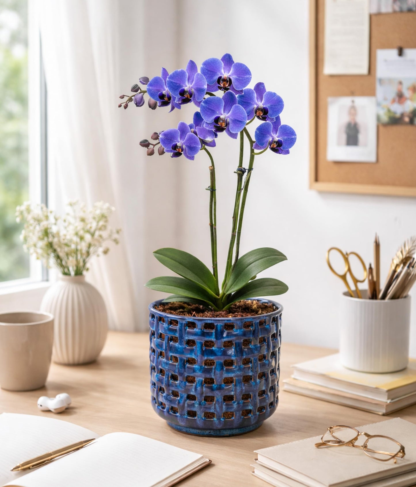 D'vine Dev 6.7 Inch Ceramic Orchid Planter with Lattice Cutout Design, Glazed Cachepot with Clear Nursery Pot & Detachable Saucer for Orchids and Indoor Plants, Midnight Blue, 28-A-Y-2