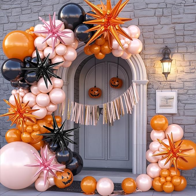 Black Orange Pink Star Balloons,9Pcs 22Inch Orange Pink Black Explosion Spike Cone Helium Polyester Film Star Foil Balloons for Halloween Birthday Anniversary Baby Shower Party Decorations