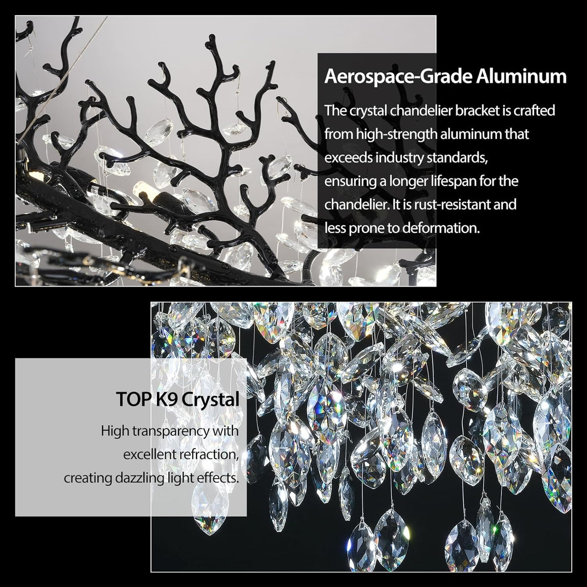 Modern Black Rectangle Crystal Tree Branch Chandelier, 55" 16-Light K9 Crystal Chandeliers for Dining Room, Rectangular Dining Room Chandelier Over Table,for High Ceiling,Kitchen