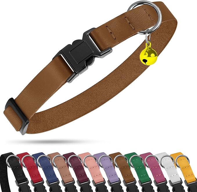 Breakaway Cat Collar with Bell - Leather Adjustable Kitten Collars with Safety Quick Release Buckle - Soft Small Pet Collars for Girl & Boy Cats (Green)