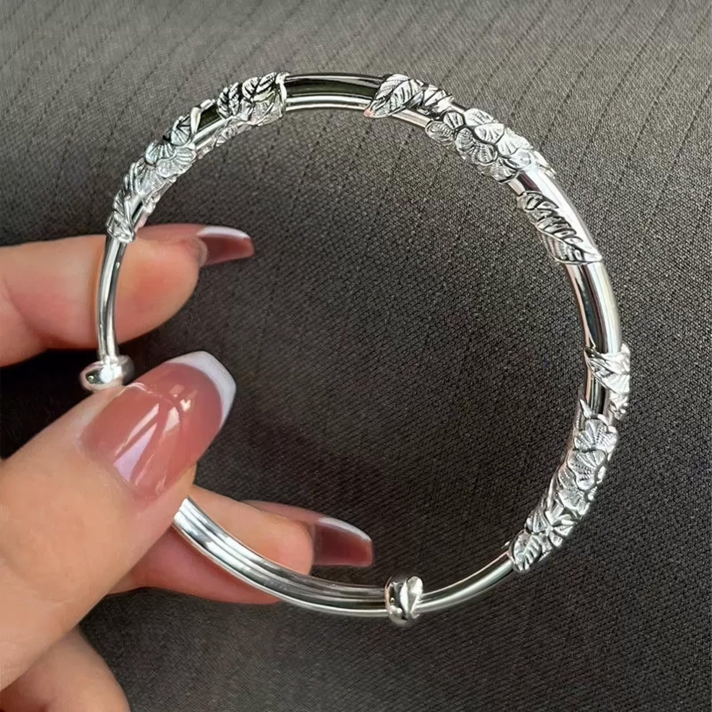 Solid 925 Sterling Silver Bracelet for Women Minimalist Adjustable Cuff Bangles Fashion Stackable Handmade Floral Engrave Bracelets Trendy Boho Cuff Bracelet Jewelry Gift for Birthday Women's Day