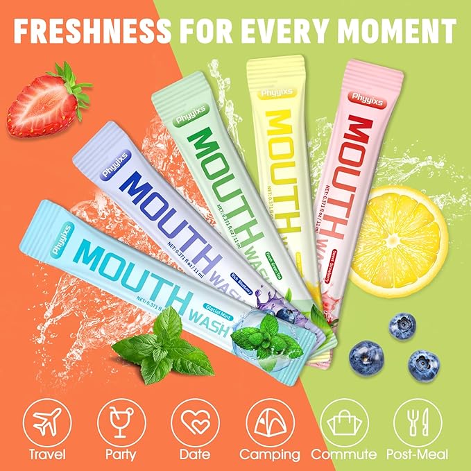 Mouthwash Travel Size – Individually Wrapped Portable Packets, Alcohol-Free & Fluoride-Free, On-The-Go Oral Hygiene for Fresh Breath Anytime(5 Flavors) (120 Pack)