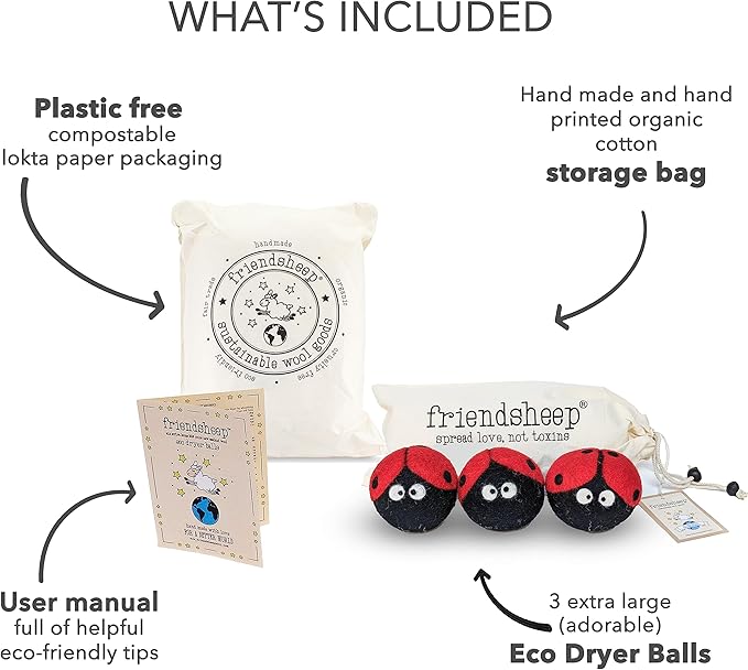Friendsheep Wool Dryer Balls, Organic Reusable Fabric Softener Alternative for Laundry, Handmade, Fair Trade, Hypoallergenic, Eco-Friendly, Plastic-Free (3 Pack XL – Ladybug)