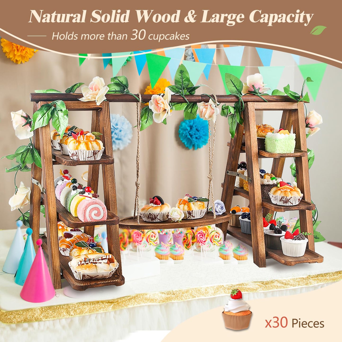 Wisreach Wooden 3 Tier Cupcake Stand with Swing and Flower Decoration Serving Removable Tray Display Serving Ladder Foldable Stand with Serving Platter Tray Party Food Display Set for Cake Snack Fruit Chips Bread Centerpieces Catering
