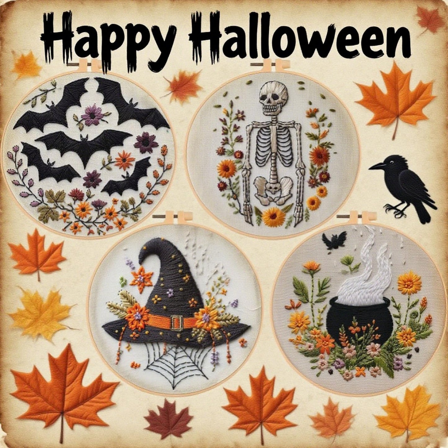 4 Set Halloween Embroidery Kit, Halloween Crafts for Adults, DIY Cross Stitch Craft Kit, with Needles and Thread Included (# A)