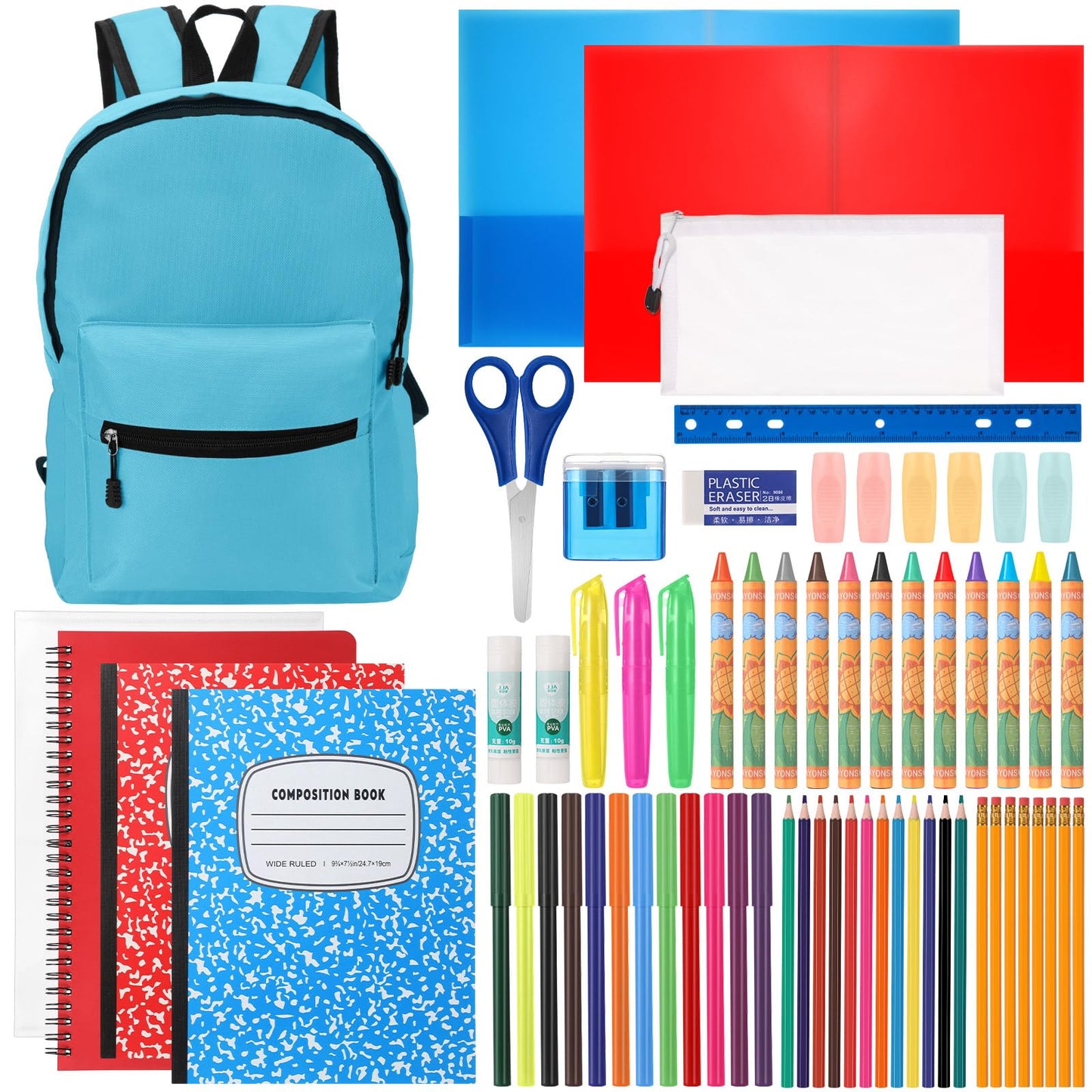 Gilprop Back to School Supplies with Backpack Kids Kindergarten Preschool Elementary Supply Bundle Kit Middle High School Notebook for K-12 Student Girl Boy Classroom(Light Blue)