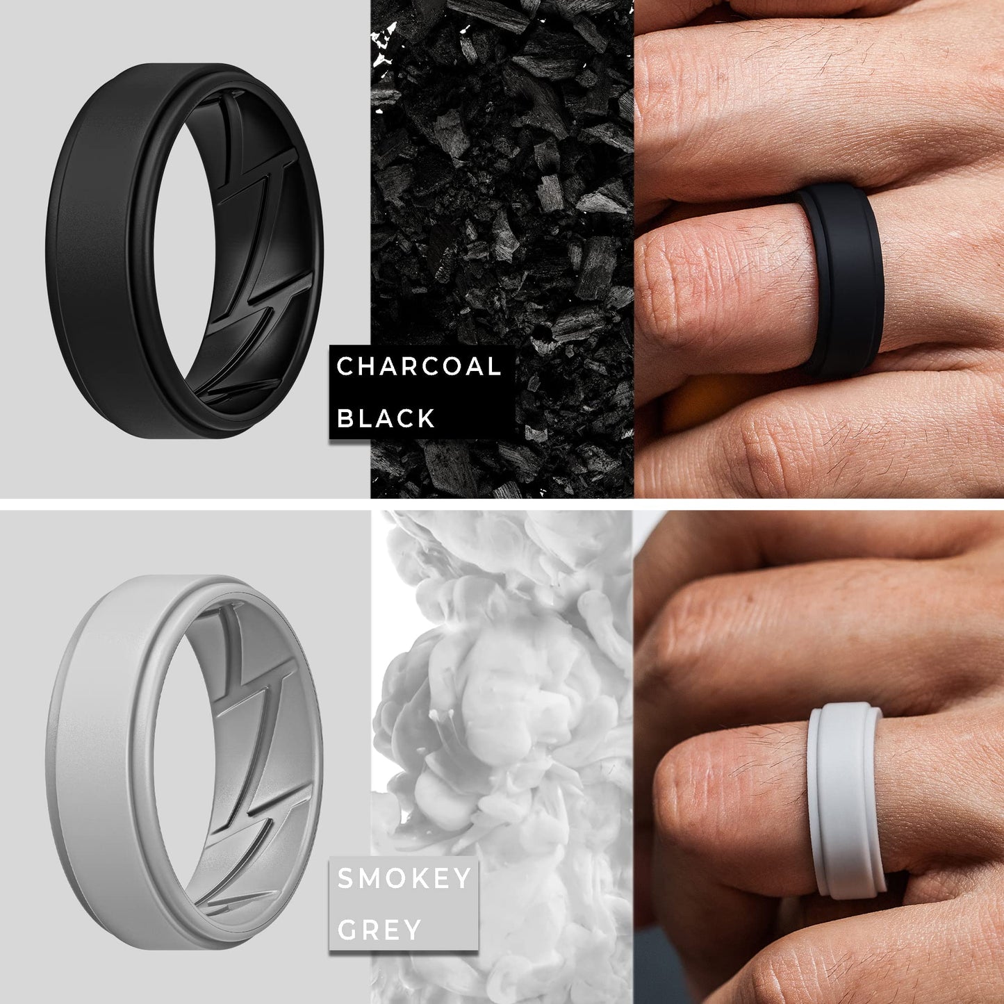 ThunderFit Silicone Wedding Rings for Men Breathable Airflow Inner Grooves, Step Edge Sleek Design Rubber Engagement Bands 8mm Wide 2mm Thick, Variety Multipack 1-7