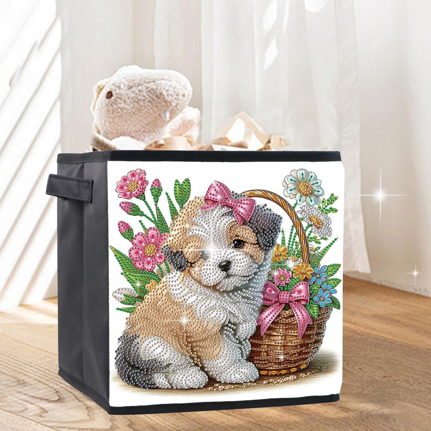 JZHYOAN Dog Diamond Art Large Storage Basket with Baseplate, Foldable Dispenser Cubes, DIY Special Pattern Large Storage Cubes, Living Room Bedroom Home Office Organization Box