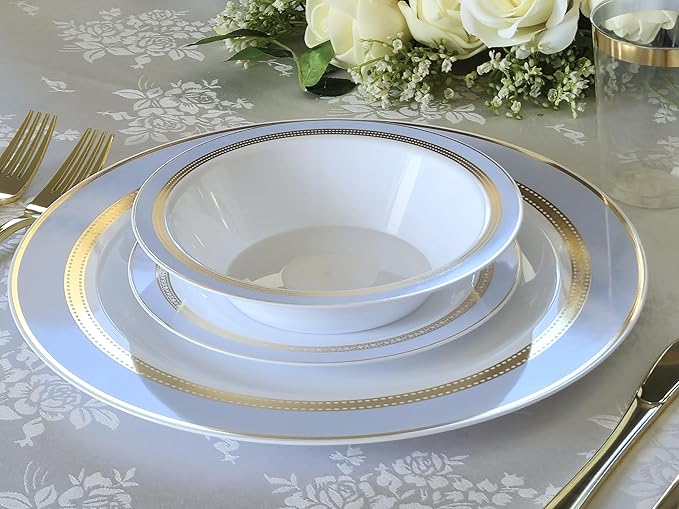 " OCCASIONS " 240 Plates Pack,(120 Guests) Heavyweight Premium Disposable Plastic Plates Set -120 x 10.5'' Dinner + 120 x 7.5'' Salad/Dessert (Ritz Blue and Gold)
