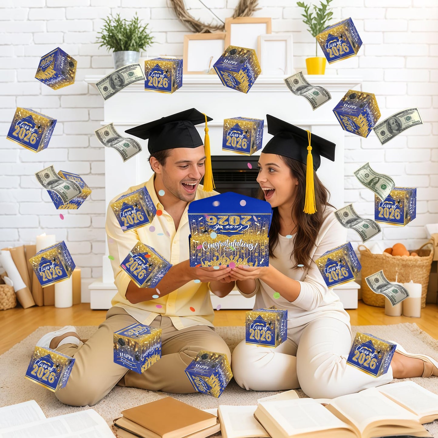 Sereliy Graduation Exploding Money Gift Boxes for Cash, 12 Pack Pop Up Surprise Money Box with Confetti, Blue Gold Graduation Explosion Gift Box for Cash Giving Class of 2026