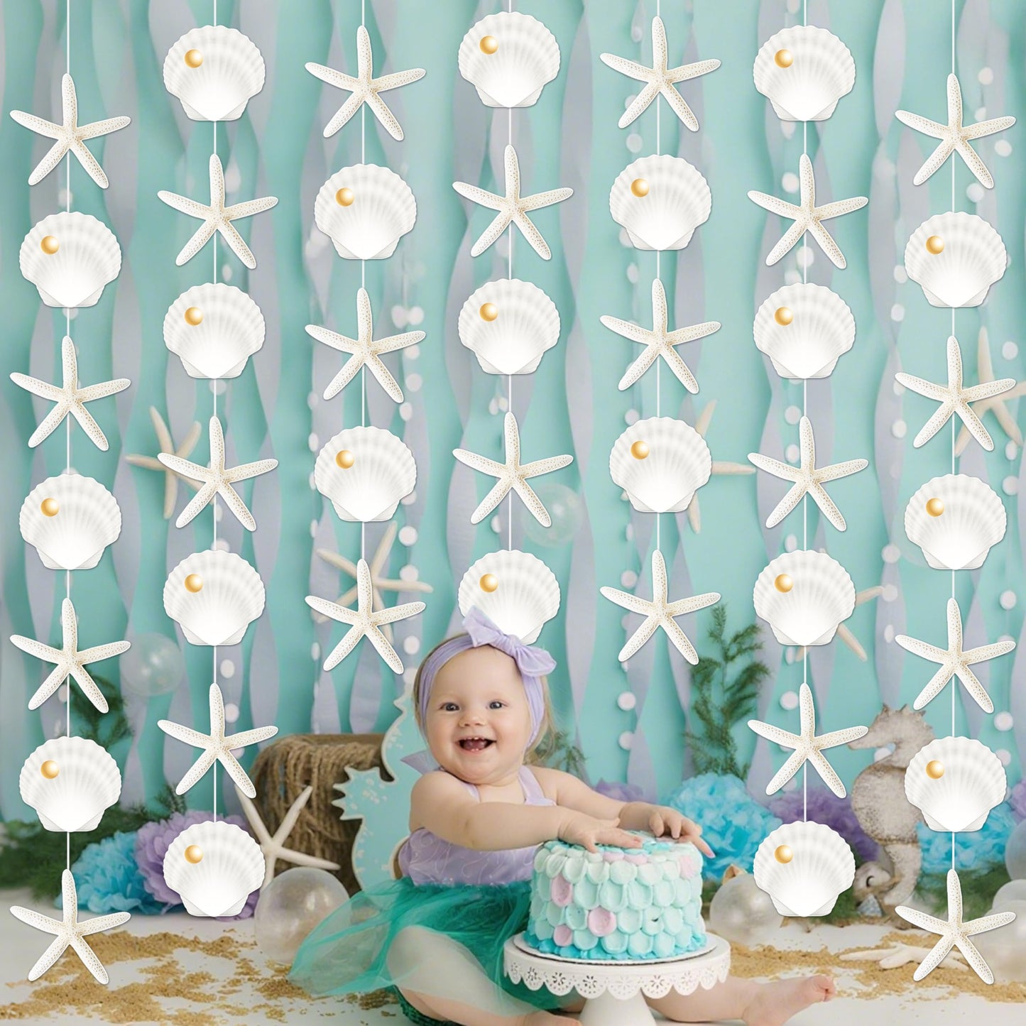 8pcs Beach Seashell Party Hanging Garlands Ocean Seashell Party Decorations Starfish Theme Room Wall Decor for Natural Beach Sea Baby Shower Supplies