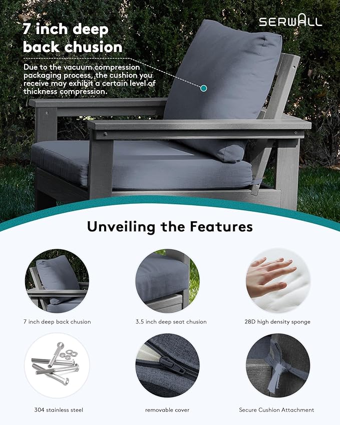 SERWALL HDPE Patio Furniture Set with 15FT Double Side Patio Umbrella, 7-piece Outdoor Modular Sectional Sofa Set, All Weather Patio Couch Set for Deck, Gray & Gray Cushion（Umbreall Base not Included）