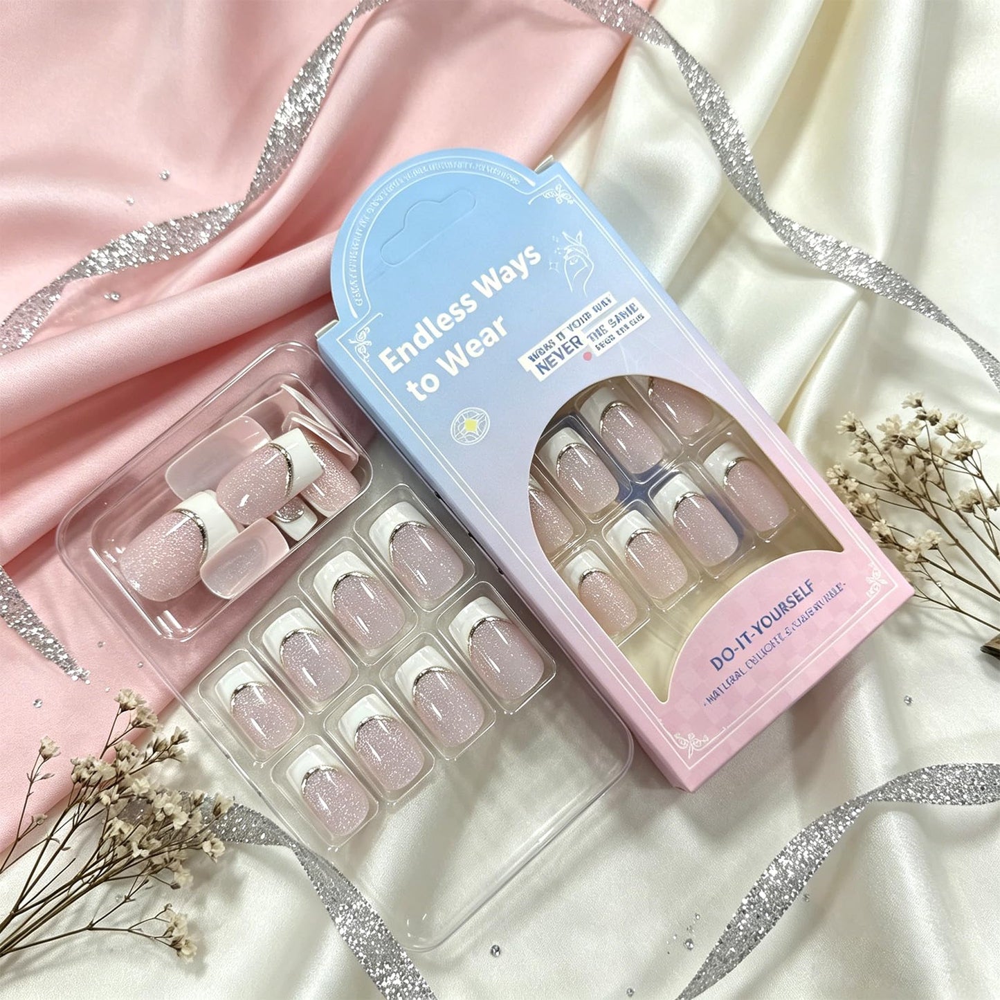 French Tip Press On Nails Medium Square Fake Nails with Gold Glitter Line Glossy Nude Pink False Nails Reusable Acrylic Stick On Nails for Women Daily Wear, 24 Manicure Kit with Adhesive Tabs