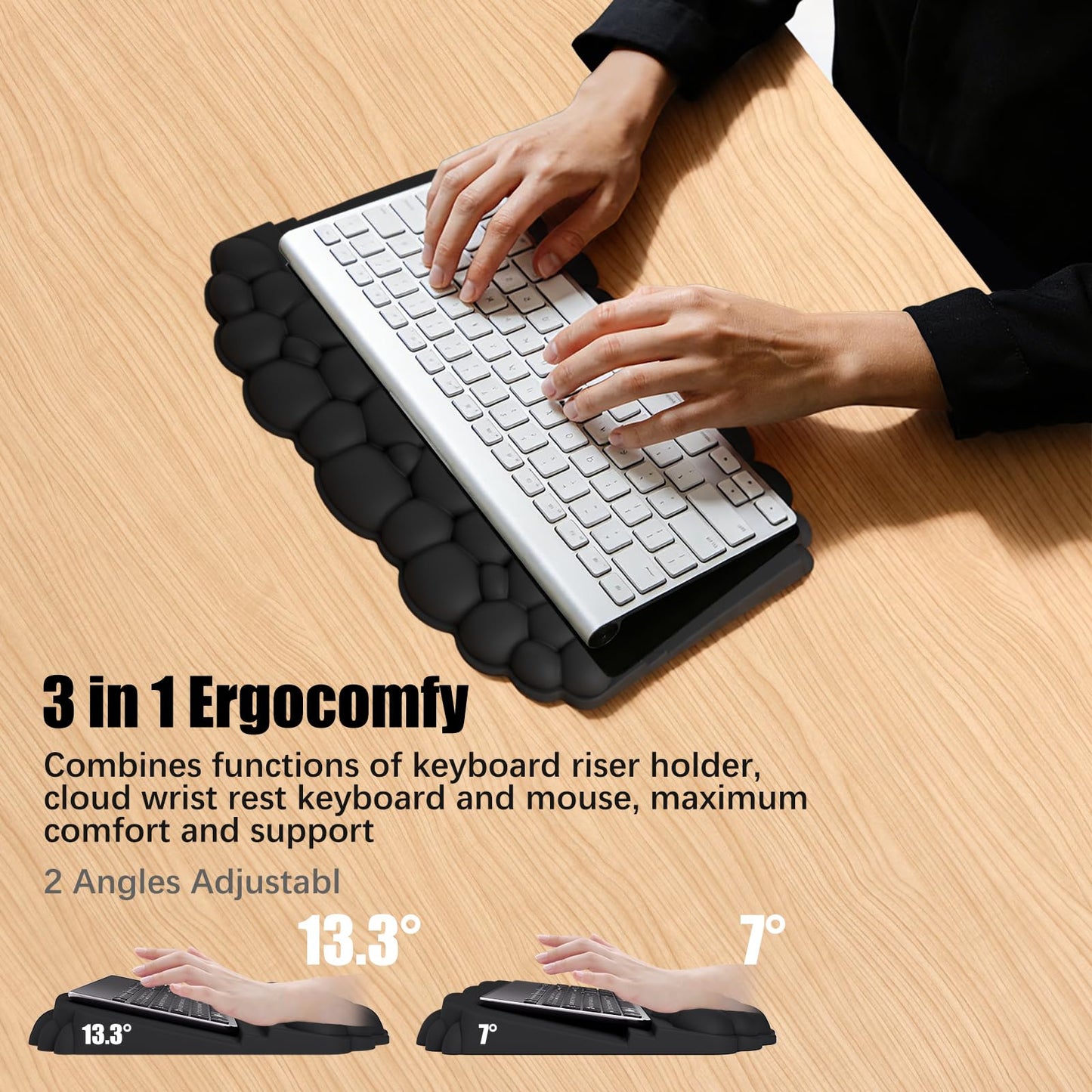 Ergonomic Wrist Rest for Keyboard and Mouse, Soft Memory Foam Cloud Keyboard Stand Pad with Wrist Rest Set with Non-Slip Silicone Base, Easy Typing, Pain Relief, Comfort for Office, Work, Gaming Black