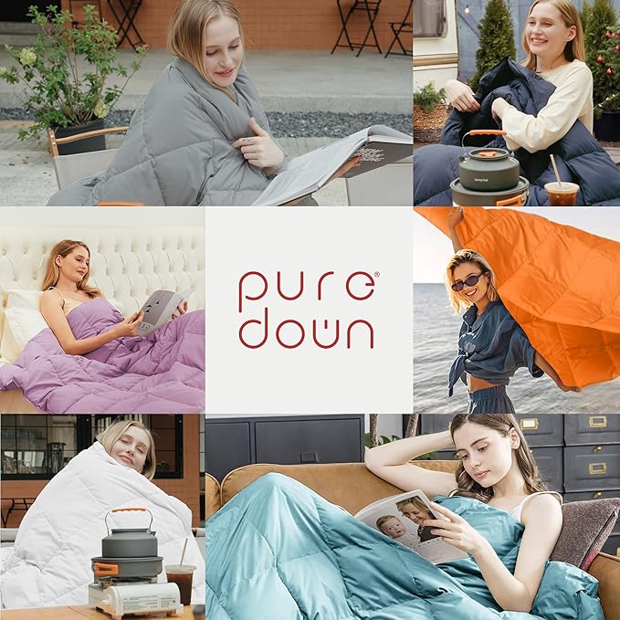 puredown® Lightweight Packable Couch Throw Soft Feather Down Throw Blanket for Indoor and Outdoor Use, 50"X70", Fiery Red