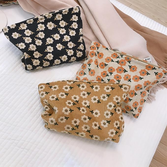 HAPPYHEIDI Women Floral Corduroy Canvas Travel Makeup Bag Cosmetic Pouch Purse Organizer, Khaki