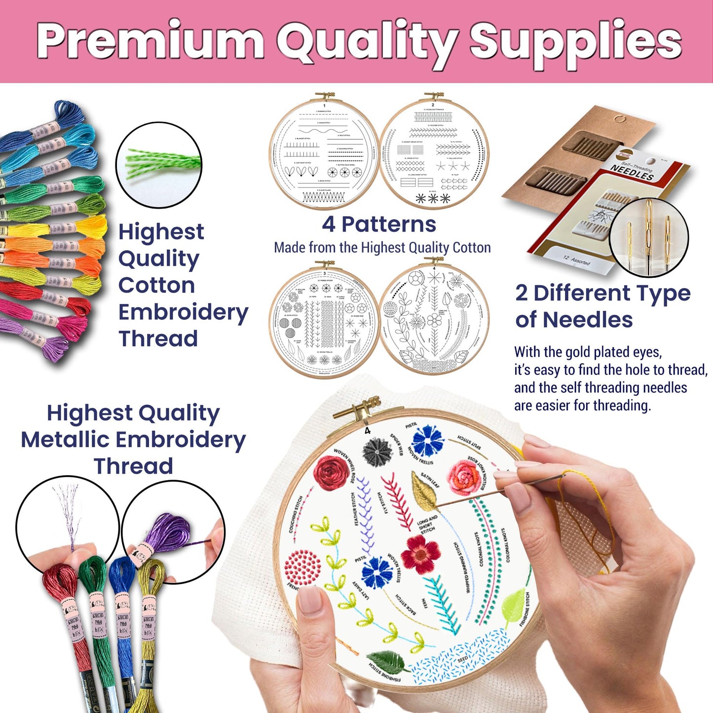 Moni Crafts Embroidery Kit for Beginners – DIY Hand Embroidery Set for Adults with 4 Stamped Patterns, Hoop, Threads, Needles and Step-by-Step Stitch Guide to Learn 33 Stitches