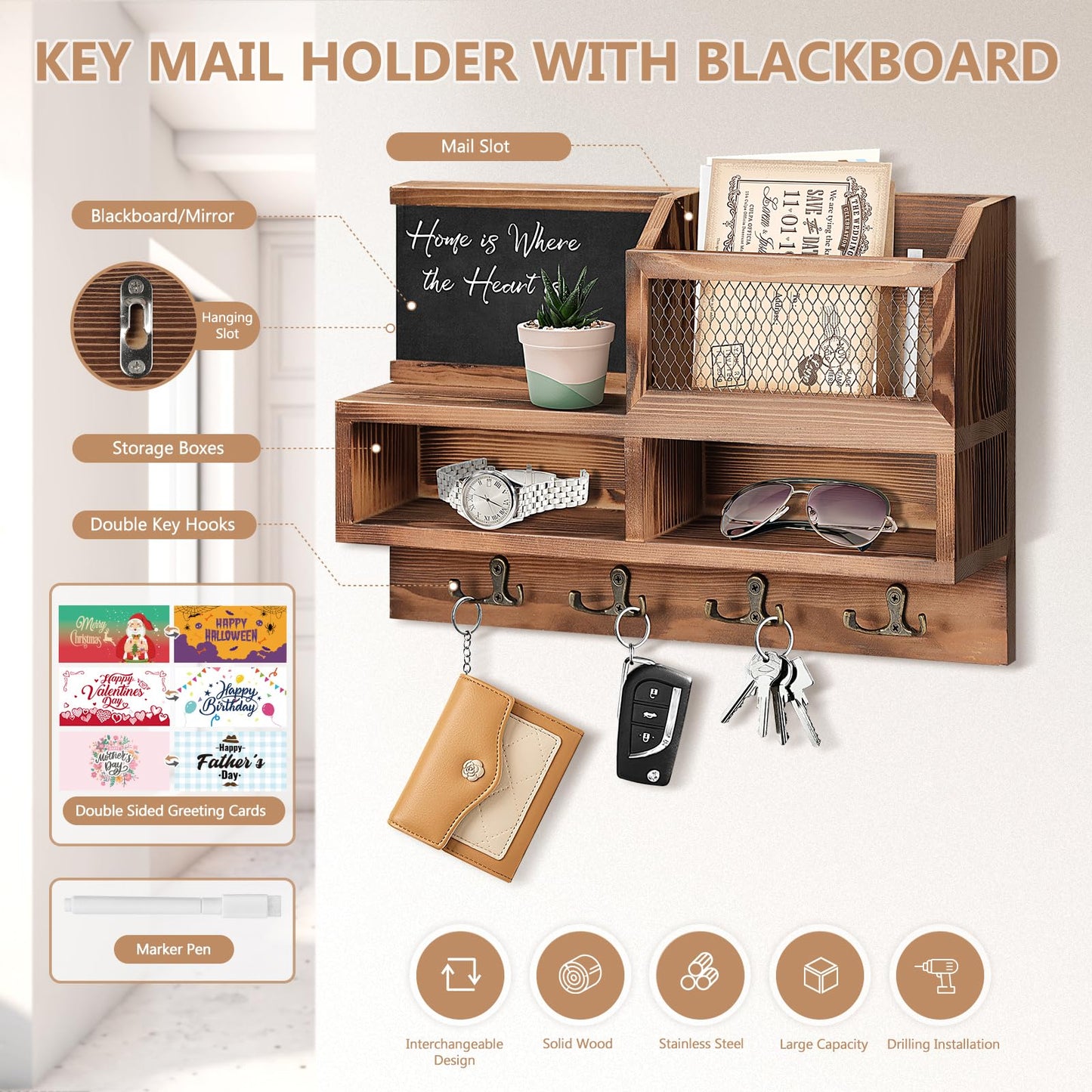 HOMEBROS Key Holder Wall Mount, Wooden Mail and Key Organizer with Chalkboard and Mirror, 3 Greeting Cards, 8 Hooks, Brown, Type 1