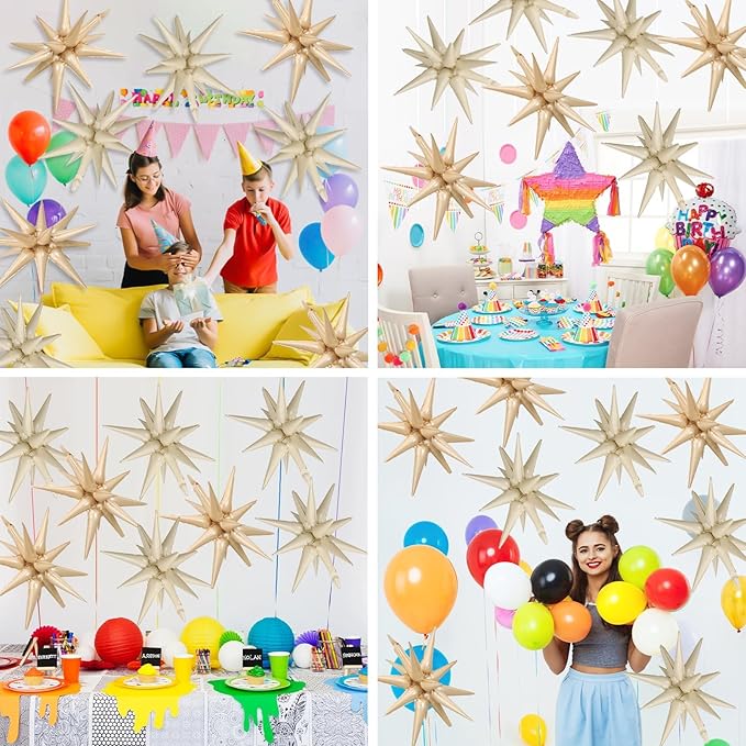 Cream White Beige Star Balloons,9Pcs 22Inch Caramel Sand White Explosion Spike Cone Helium Polyester Film Star Balloon for Birthday Anniversary Baby Shower Disco Party Decorations
