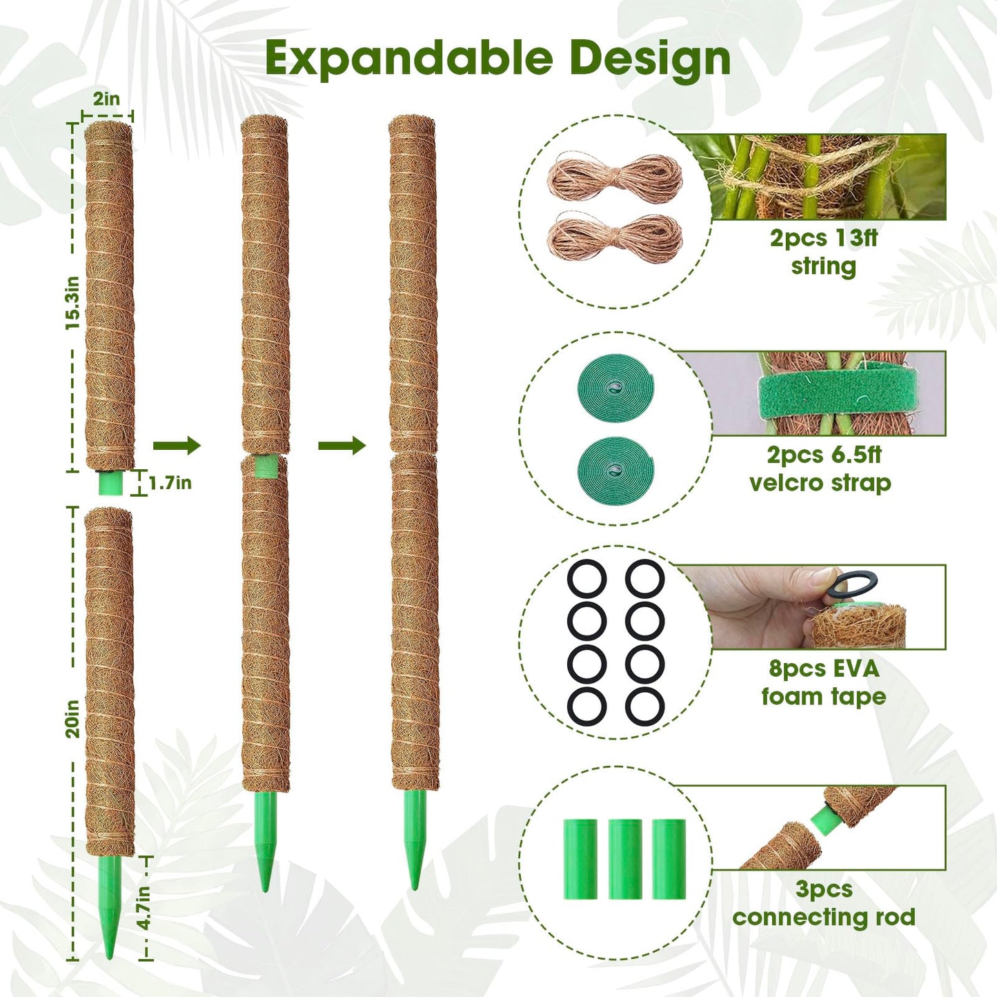 4 Pack 20 Inch Moss Poles, Stackable Moss Pole Monstera Plant Support, 66 Inch Tall Plant Stakes for Climbing Plants Indoor, Coir Plant Support Stick Stand for Potted Plants, Pothos, Philodendron