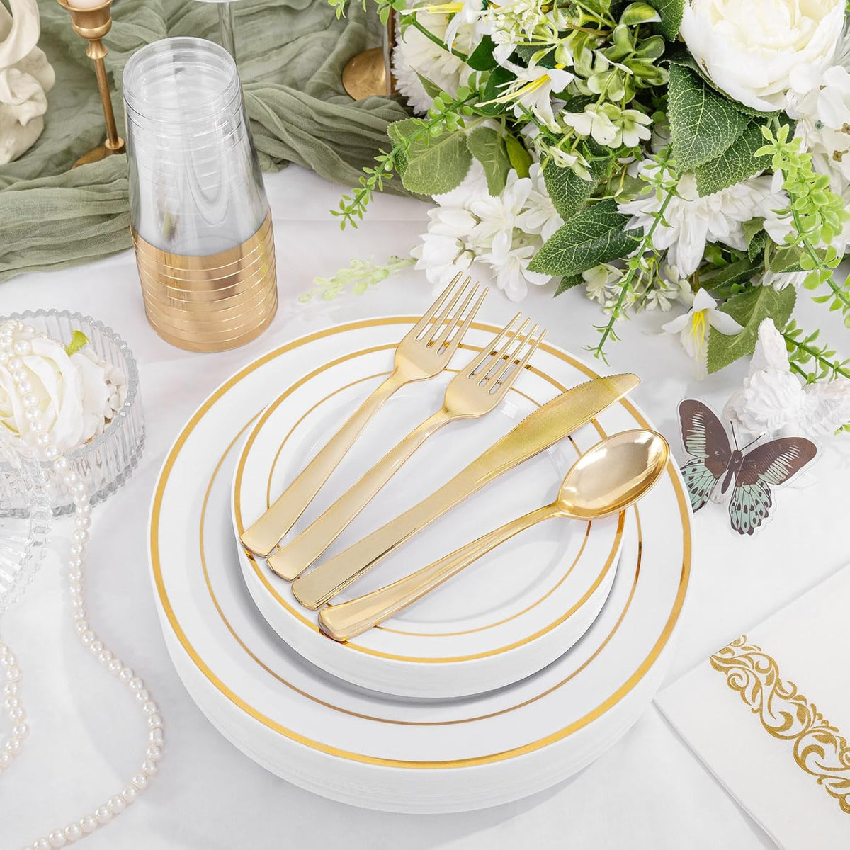 Supernal 200pcs Gold Plastic Dinnerware included 25 Party Dinner Plates 25 Dessert Plates 25 Disposable Cups and 25 Paper Napkins Disposable 25 Spoons 25 Knives 50 Forks for Party and Wedding