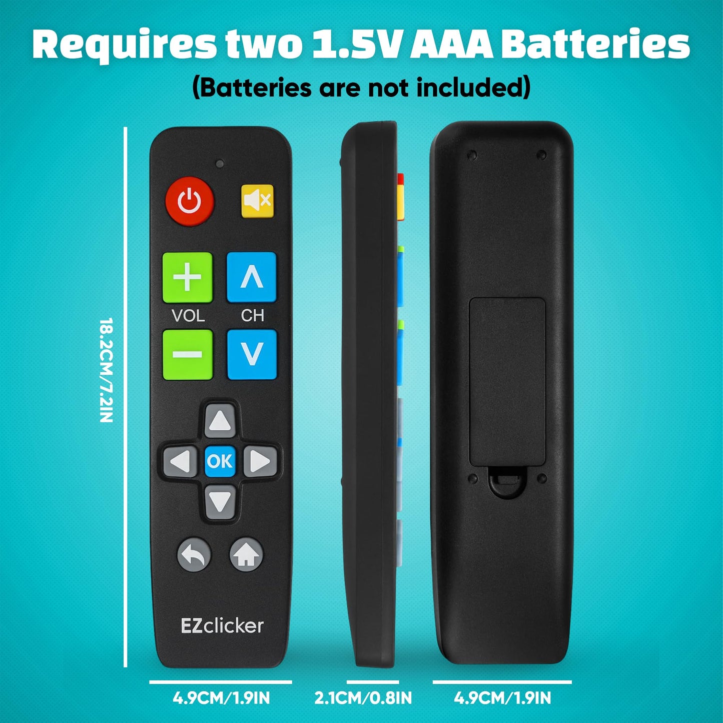 EZclicker Big Button Universal TV Remote (Black) Simple Easy to Use, Great for Seniors, Works with Major TV Brands (2xAAA Batteries Not Included)