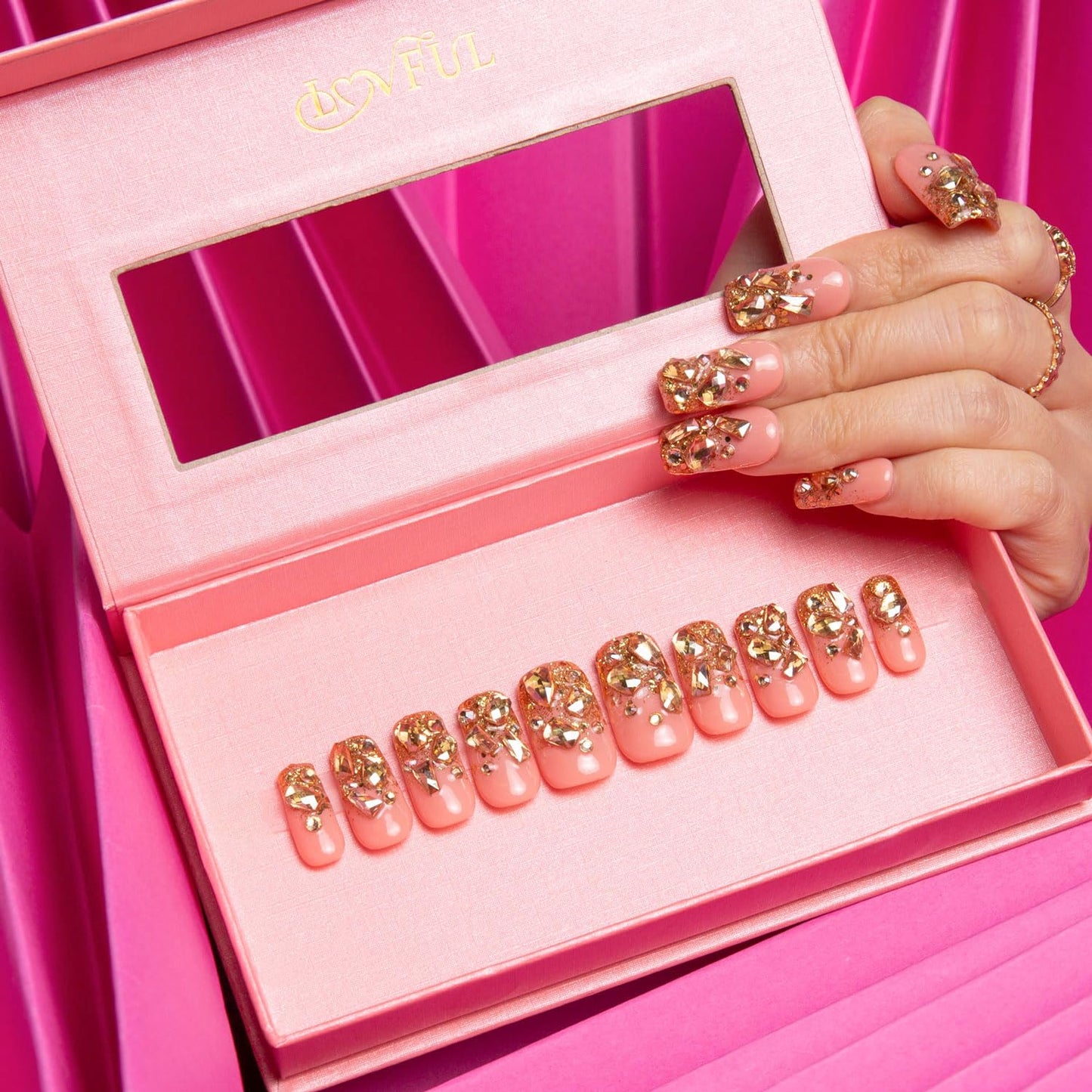 LOVFUL Press on Nails Stardust Gold| Handmade with Full Covered Crystals | Reusable Fake Nails | Square Regular 1.0 in | H84-S
