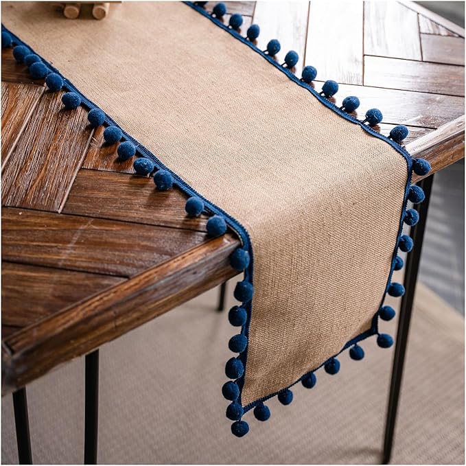 Natural Jute Table Runner, Burlap Style Table Runner, Rustic Farmhouse Table Runner Country Vintage for Wedding, Party Table Decorations, Boho Décor Jute Navy Blue Balls 12x63 inch TAB28