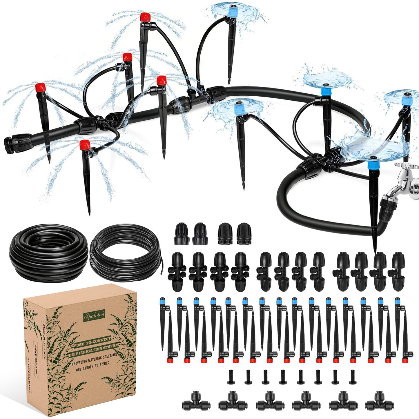 Push-to-Connect Drip Irrigation System Kit, Complete Premium Garden Watering System with 50FT 1/2" Mainline, Leak-Resistant Quick Connect Fittings, Adjustable Drip Emitters for Raised Beds, Greenhouse