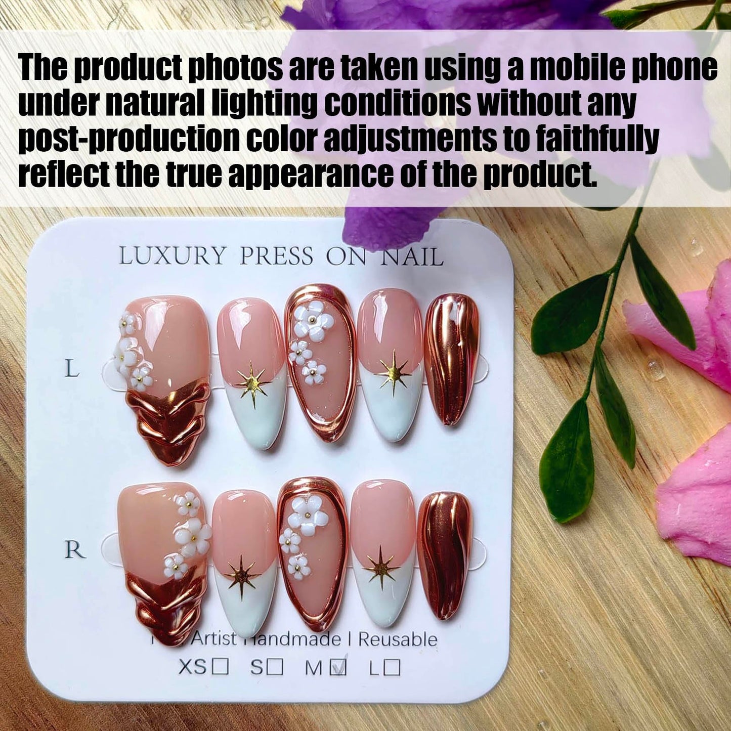 Gleamrain Handmade Press on Nails Almond Shape M Size/Gleamrain Luxury Medium Hand Made Nails with Design for Women 10Pcs by P07