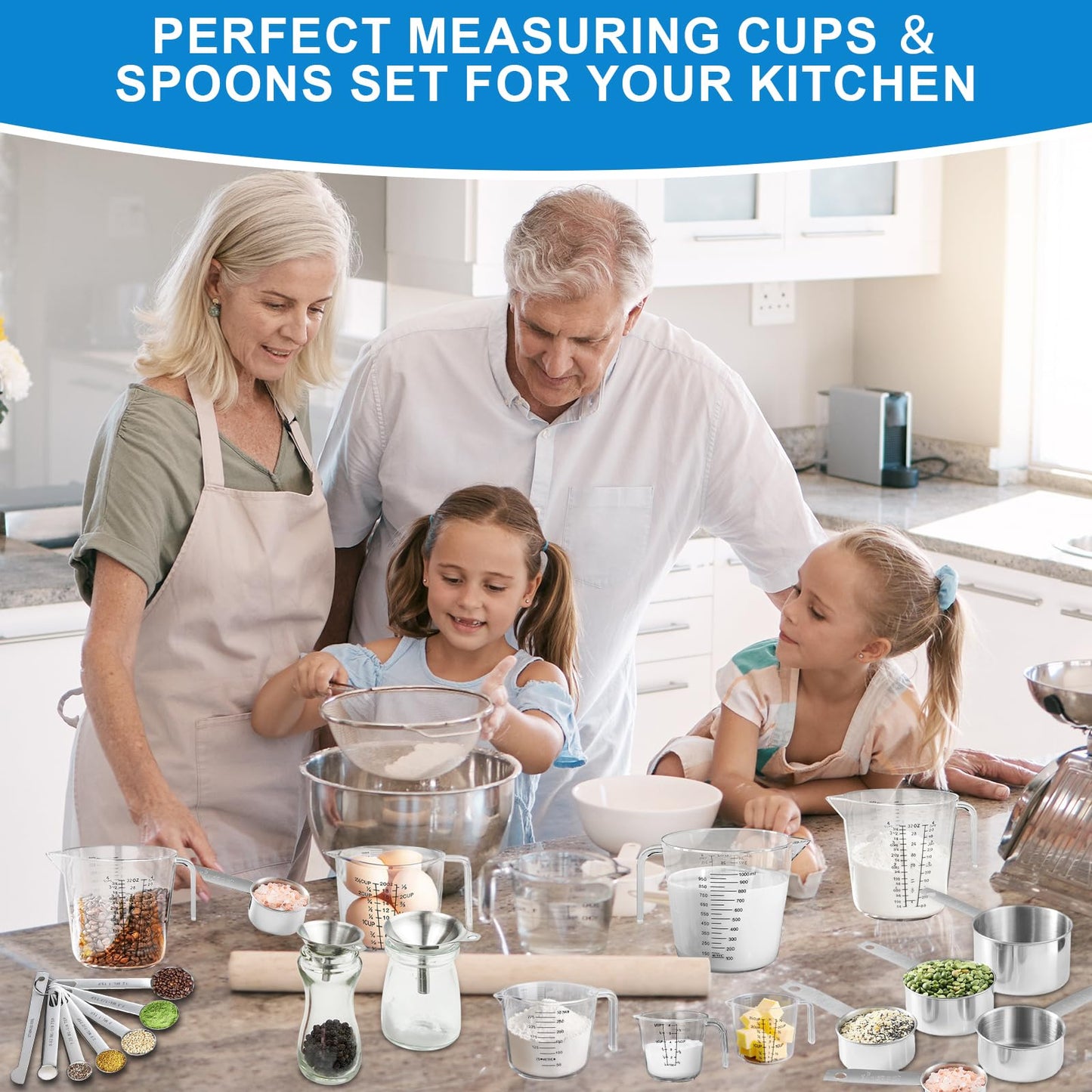 Measuring Cups and Spoons Set 26 Piece, 11 Stainless Steel Nesting Measuring Spoons and Cups with 8 Plastic Measuring Cup, 3 Funnel, 3 Brush, 1 Ruler, Measuring Cup Set for Kitchen Baking Liquid Dry