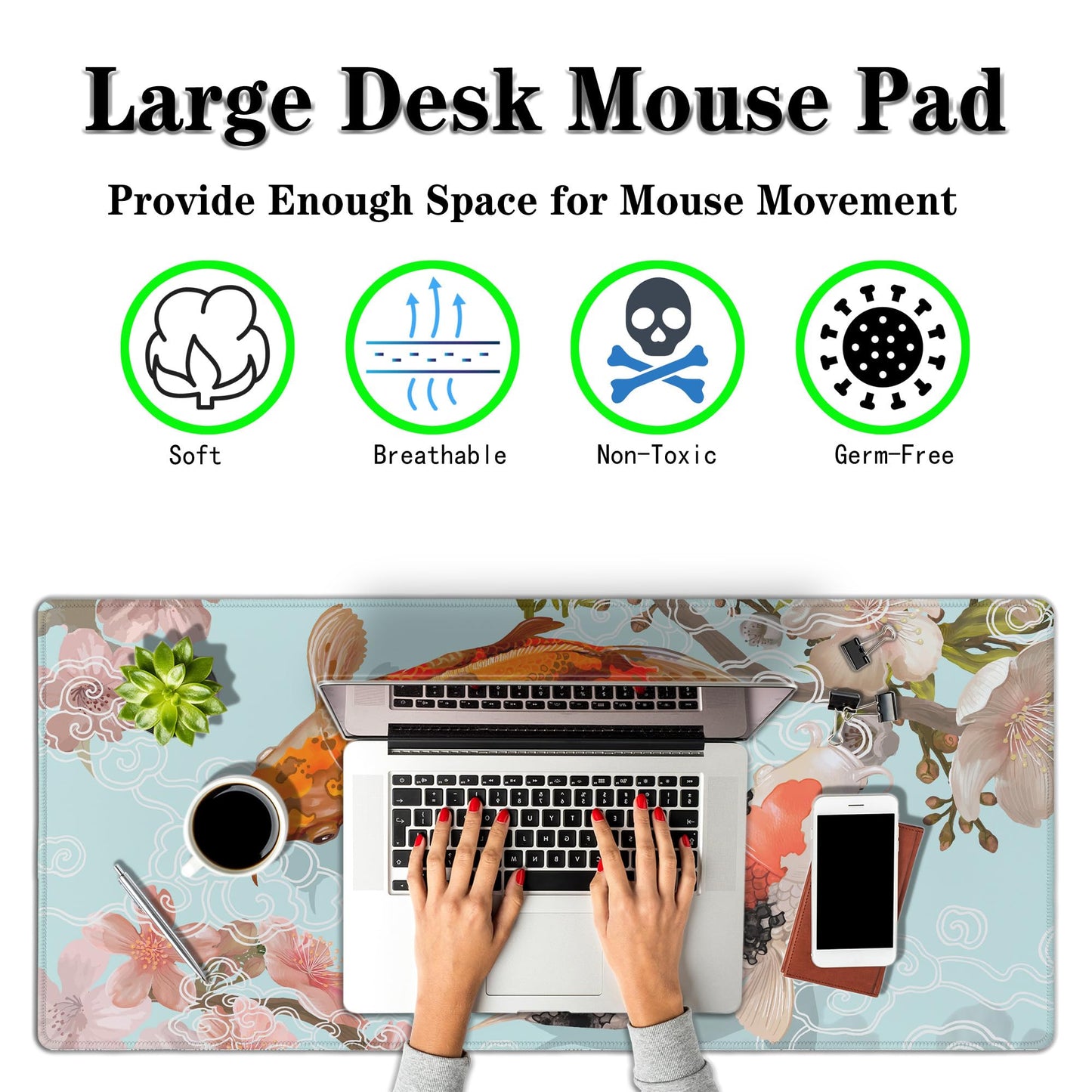 Samgula XXL Mouse Pad, Gaming Mousepads Desktop Mats, Extra Large Desk Pad Non-Slip Rubber Base Waterproof with Stitched Edges, 35.4 X 15.7 inch for Work/Game/Office/Home Japanese Traditional Fish