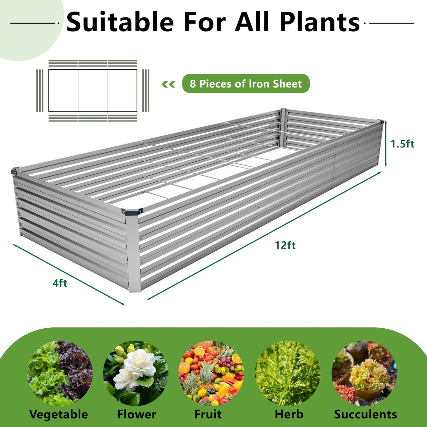 DIIYIV 12x4x1.5FT Galvanized Raised Garden Bed,Vegetable Boxes-Rectangle Metal Flower Box,Large Planter Raised Beds Outdoor Garden for Planting,Fruit,Herb-Silver