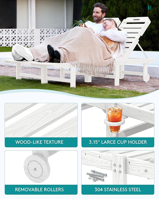 SERWALL Outdoor Chaise Lounge Set of 2, All-Weather HDPE Pool Lounge Chairs with 5-Position Adjustable Reclining Backrest, Rolling Wheels & Cup Holder for Poolside, White