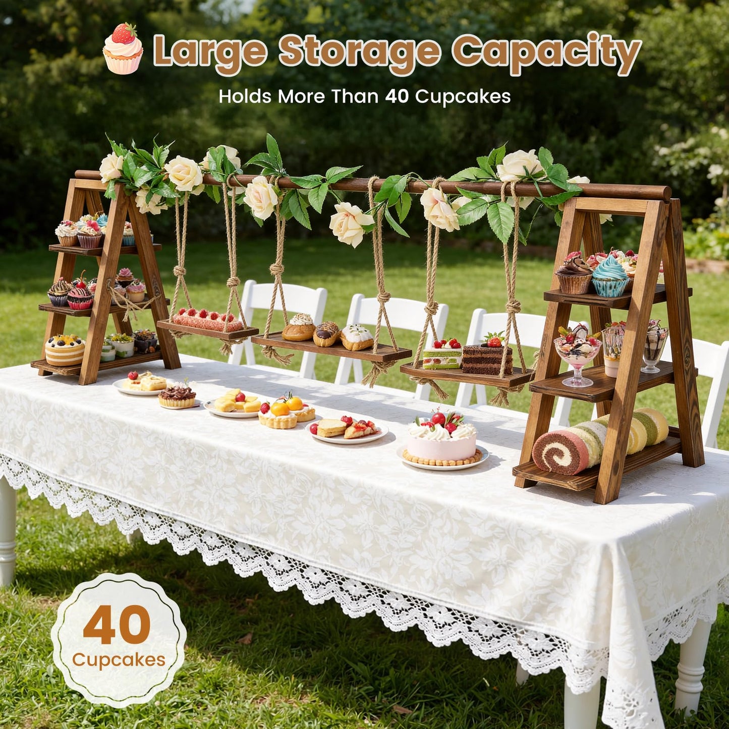 3 Tier Wooden Cupcake Stand with Swing & Flower Decor, Dessert Table Display Set with Removable Trays for Cake Fruit Snack Bread, Rustic Foldable Ladder Stand for Party, Birthday, Wedding & Events